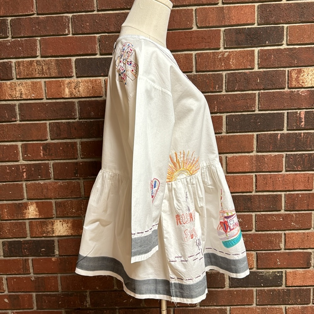 HOLDING HORSES White Embroidered Peasant Blouse with Gray Trim - Picture 7 of 16